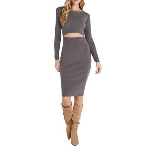 VICI Collection Open Midriff Long Sleeve Knit Sweater Dress Brown Gray Sze L NWT
